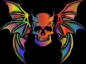 rainbow skull, wings, horns