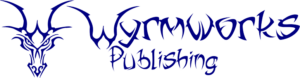 Wyrmworks Publishing logo: A navy blue dragon head, the horns forming a W, letters in tribal font