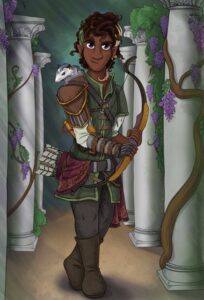 half-elf with shortbow, arm brace, opossum on shoulder, grape vines on columns in background