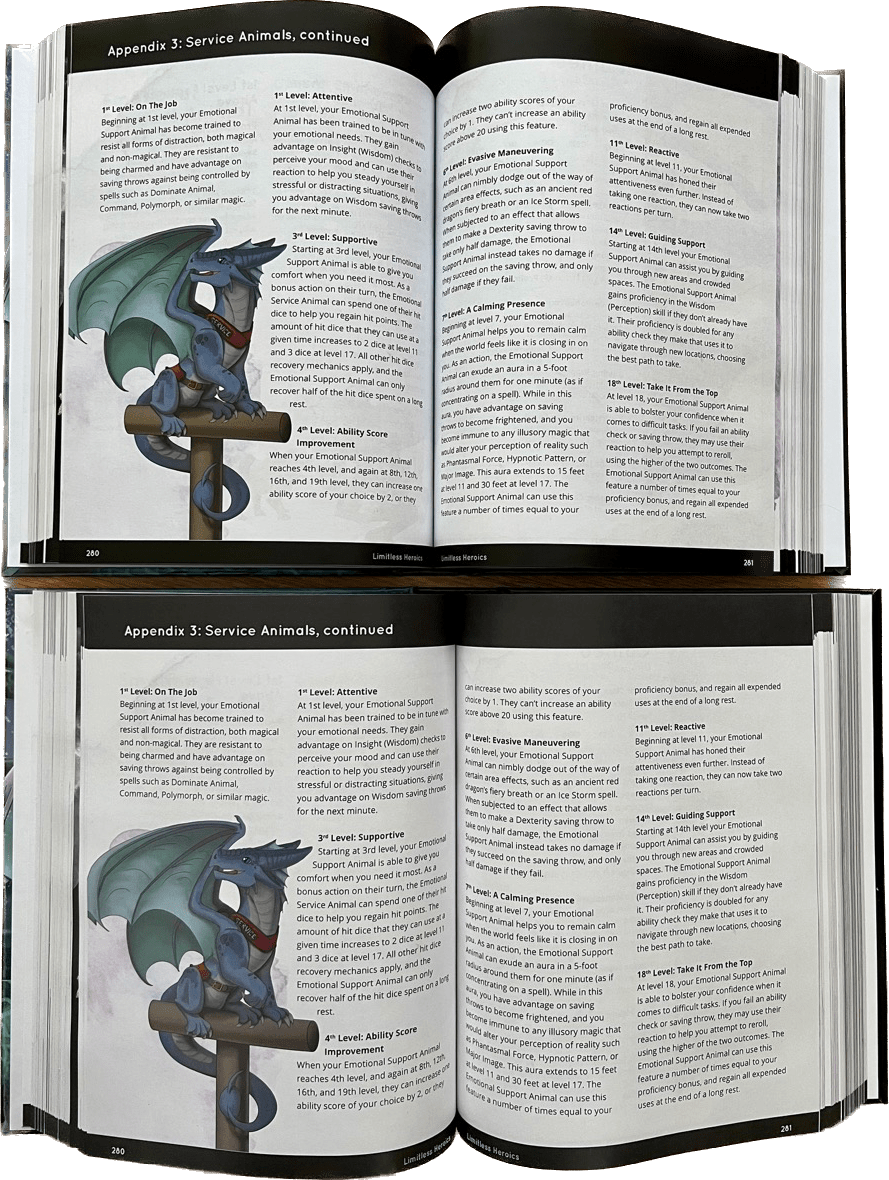 2 open books showing pseudodragon on perch. Bottom image slightly washed out compared to top.