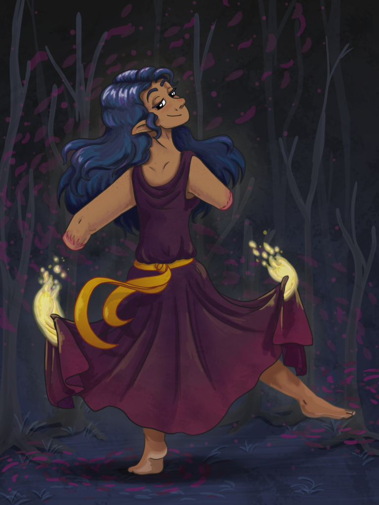 elf with amputated hands using 2 Mage Hands to hold her skirt while dancing, night forest background