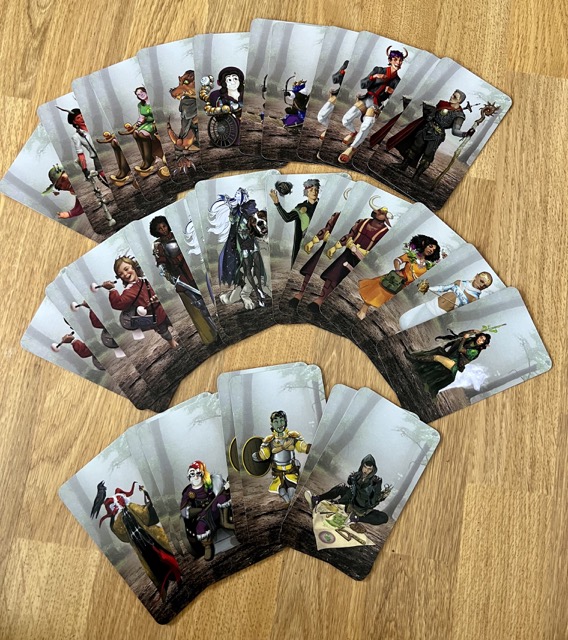 A spread of character cards, image side