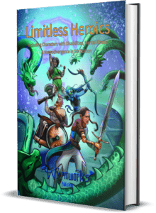 Limitless Heroics Premium Cover book mock-up: As our heroes fight the hydra, we see just some of the variety of symptoms represented in this book. The paladin has a prosthetic arm to assist with their amputation. The barbarian rages from their wheelchair, providing mobility for their paralyzed legs. The ranger, whose body is more accustomed to an aquatic environment just as someone in the real world may be more comfortable in a quieter or darker sensory environment, finds ways to compensate and keep fighting. The wizard’s vitiligo may not be thought of as a disability, nor should it be, yet many in the real world experience severe discrimination due to unusual skin pigment — how many celebrities, corporate executives, or politicians do you know with visibly irregular skin?