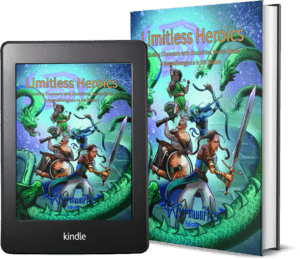 Limitless Heroics Premium Cover book + tablet mock-up: As our heroes fight the hydra, we see just some of the variety of symptoms represented in this book. The paladin has a prosthetic arm to assist with their amputation. The barbarian rages from their wheelchair, providing mobility for their paralyzed legs. The ranger, whose body is more accustomed to an aquatic environment just as someone in the real world may be more comfortable in a quieter or darker sensory environment, finds ways to compensate and keep fighting. The wizard’s vitiligo may not be thought of as a disability, nor should it be, yet many in the real world experience severe discrimination due to unusual skin pigment — how many celebrities, corporate executives, or politicians do you know with visibly irregular skin?