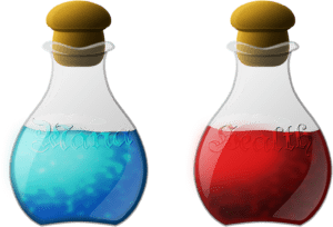 2 potions, a blue marked "Mana" and a red marked "Health"