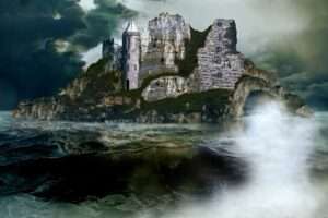 old castle over stormy seas on an island or outcropping