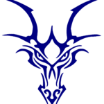 A navy blue dragon head, the horns forming a W