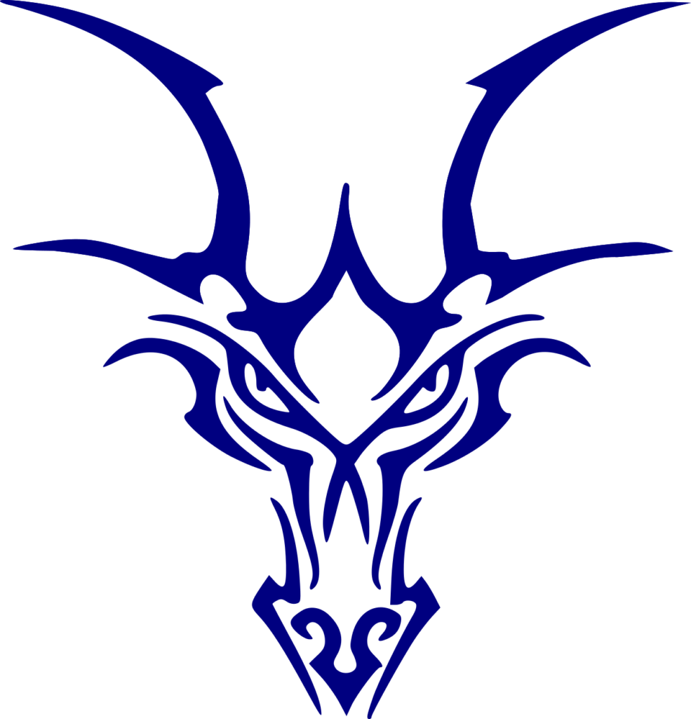 A navy blue dragon head, the horns forming a W