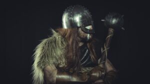 Man in Viking Costume Holding Mace