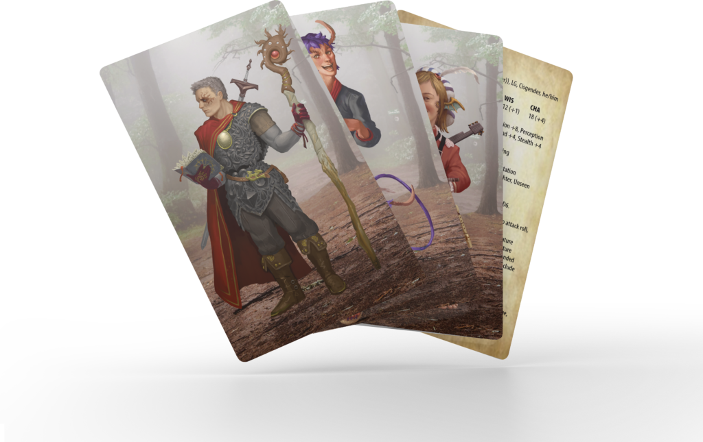 4 character cards fanned, 3 illustrated backs & 4th showing stat block