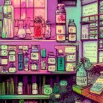 apothecary shelves with colorful bottles, a primarily pink and green tone to the image
