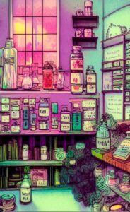 apothecary shelves with colorful bottles, a primarily pink and green tone to the image