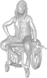 figure of rogue in hood with spiked shoulders, sitting in a wheelchair, holding cartography tools