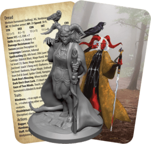 Mini & character card: femme tiefling in longcoat holding staff, raven perched on horn