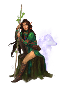 Fem elf in green dress, sitting on rock, holding leafy staff, a ghostly wolf behind.