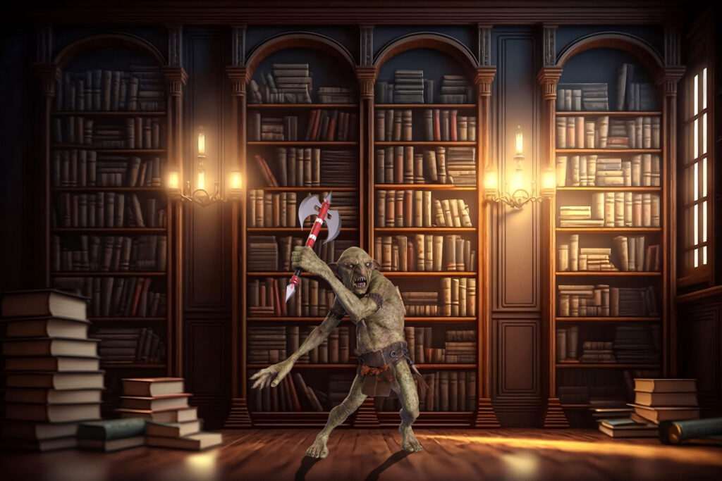 goblin with ax in library
