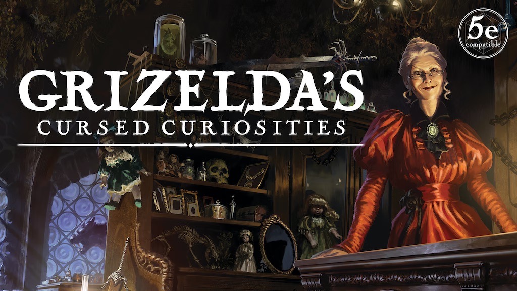 An elderly woman in a dark shop: "Grizelda's Cursed Curiosities"