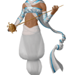 Hairless elf with gold headband, white loose pants, flowing sashes, rapier