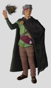 Man with facial difference, grey fluffy hair, red headband, black cloak with green hand shapes, green shirt, a ball of black energy floating above his lifted right hand