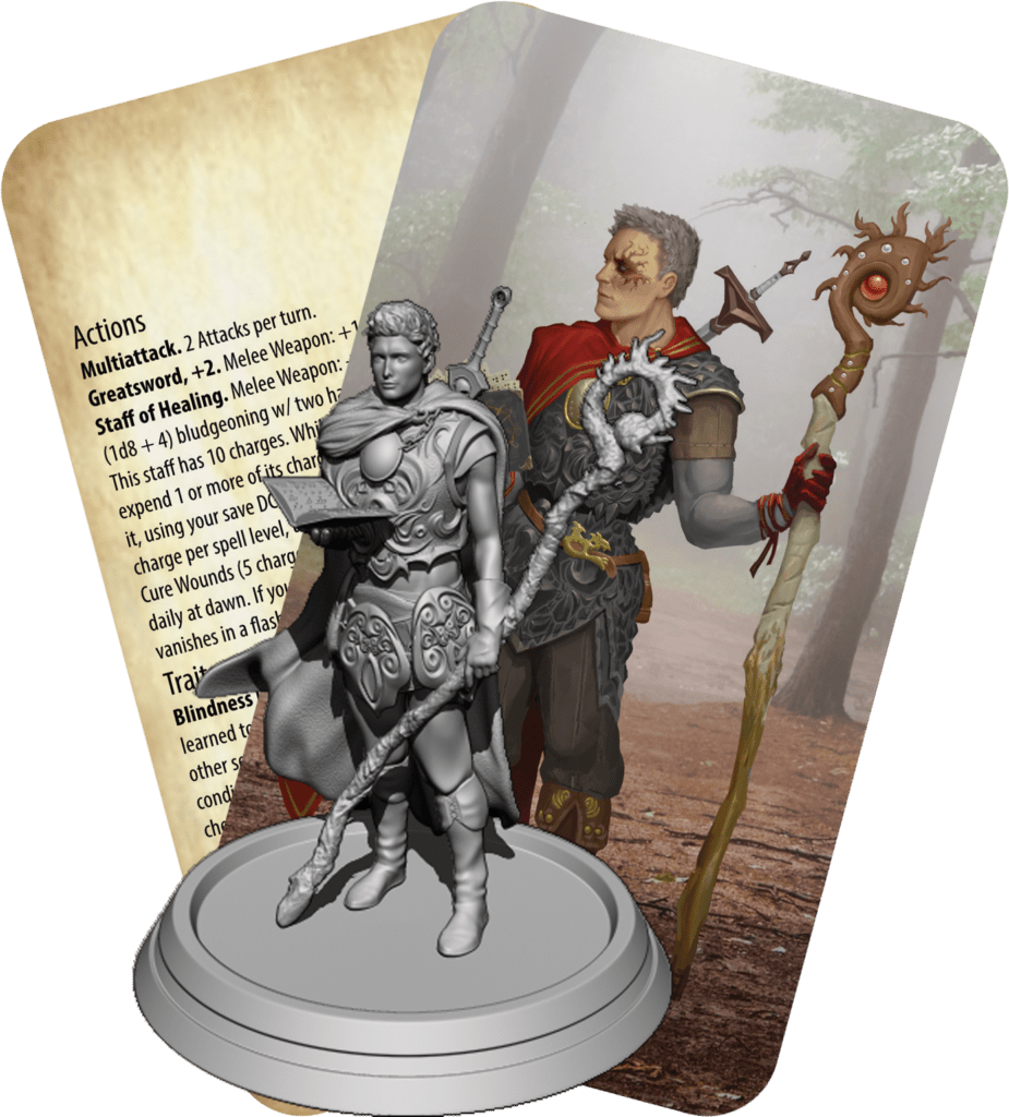 Cards & miniature depicting Armored paladin holding a braille book and magic staff, sword on his back, scars on his eye.