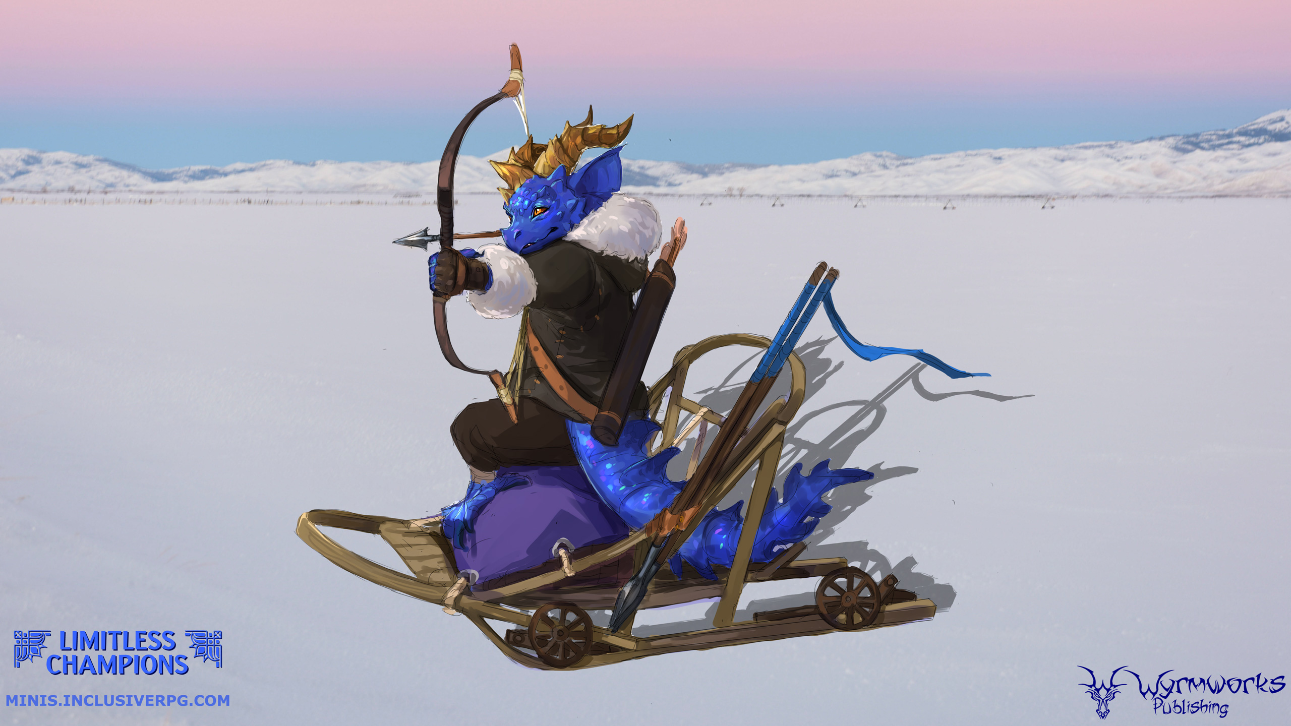 Blue dragonborn with dwarfism sitting on a sack in a wheeled sled aiming a shortbow, 2 javelins in sled on snow, sunset background