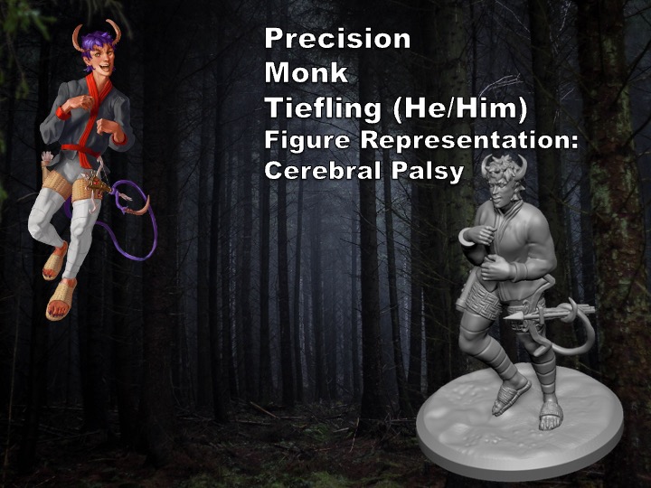 Precision Monk Tiefling (He/Him) Figure Representation: Cerebral Palsy. tiefling pulling a hand crossbow with his tail, crossbow mounted on his thigh, hands and arms constricted; figure of the same, dark woodland background