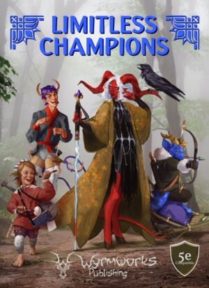Limitless Champions: halfling with Down Syndrome playing a drum, tiefling monk with cerebral palsy, blind tiefling with ornate cane, blue dragonborn on sled with shortbow