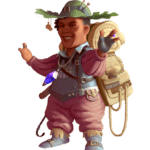 Gnome with shortened arms, 2 fingers on right hand; 3 fingers on left hand. Wearing pink & gray clothing, tan backpack, green wide-brimmed hat with attached small tools