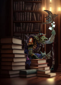 goblin with moon staff in dark library behind small pile of books