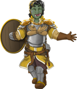 half-orc in platemail with yellow accents, round shield strapped to handless right arm, ring hanging from necklace, 2 handaxes hanging on belt, embossed arms on breastplate