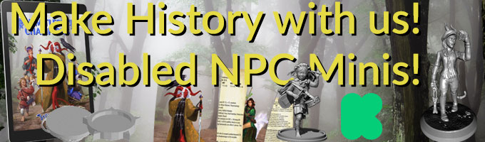 Make History with us! Disabled NPC Minis! Character cards & minis against a wooded background