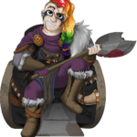 beardless dwarf, head shaved on right side, long rainbow hair on left; black tattoos around eyes, 3 diagonal slash scars on face; purple & leather fur outfit; holding large bloody double-bladed axe and sitting in a rugged wheelchair