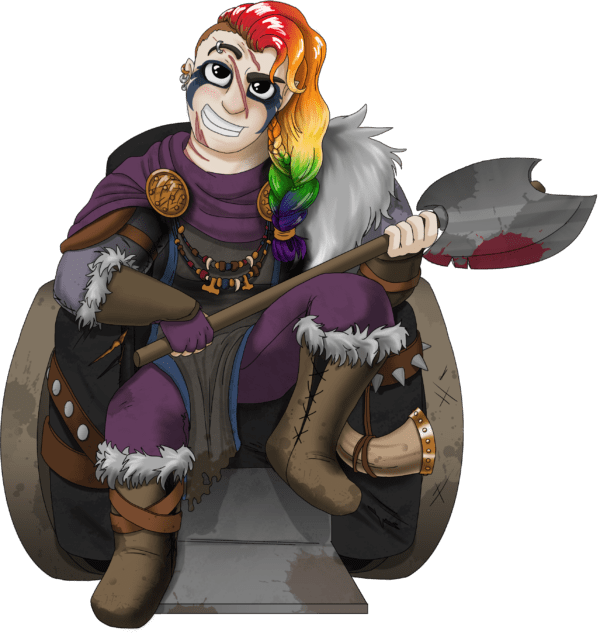 beardless dwarf, head shaved on right side, long rainbow hair on left; black tattoos around eyes, 3 diagonal slash scars on face; purple & leather fur outfit; holding large bloody double-bladed axe and sitting in a rugged wheelchair