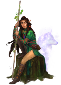 Fem elf in green dress, sitting on rock, holding leafy staff, a ghostly wolf behind.