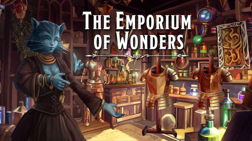 Emporium of Wonders: A blue feline humanoid in a magic shop