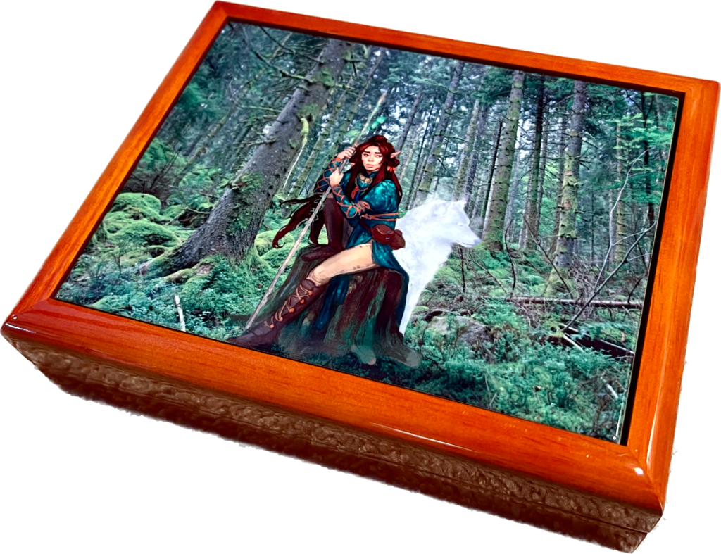 wooden case with image of elf in woods on top