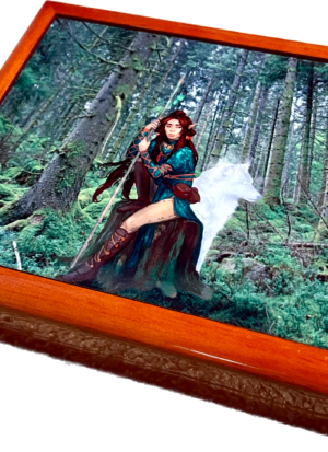 wooden case with image of elf in woods on top