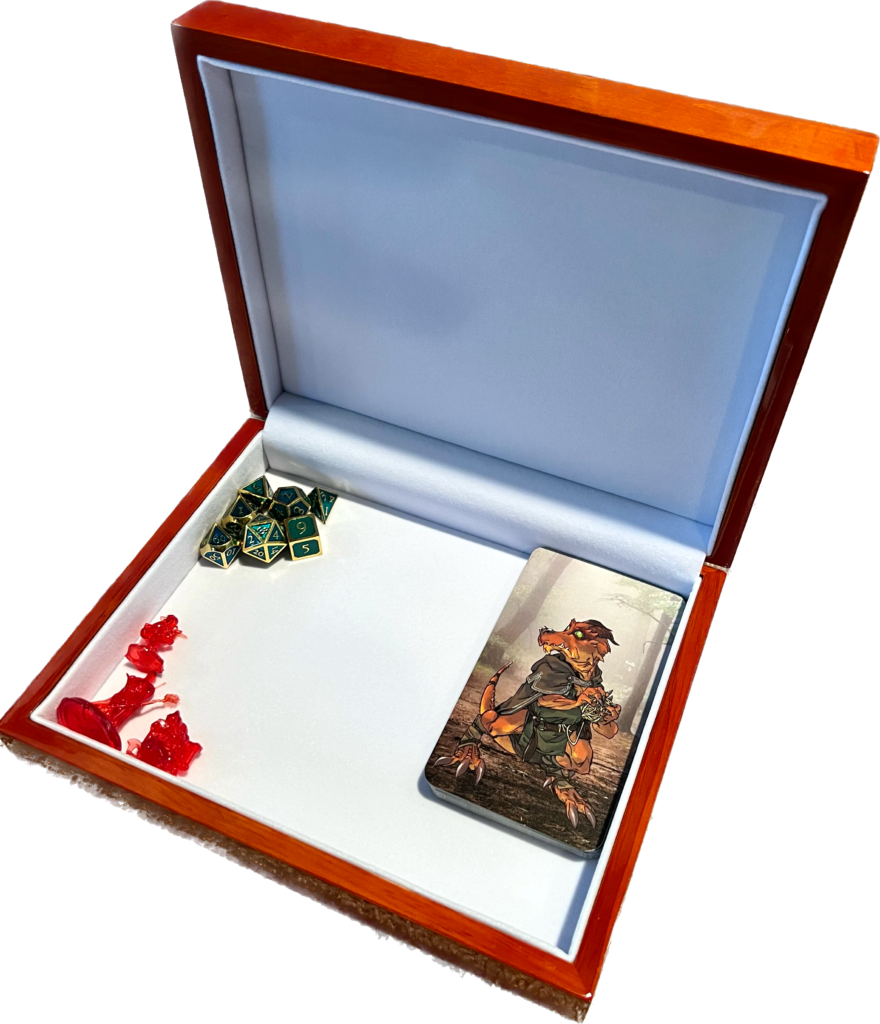 velvet lined interior of wood case showing minis, cards, and dice