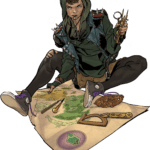 rogue in hood with spiked shoulders, sitting by a map, holding cartography tools