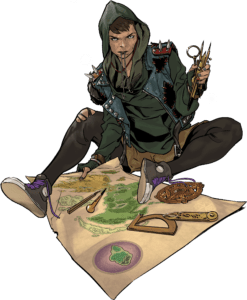 rogue in hood with spiked shoulders, sitting by a map, holding cartography tools