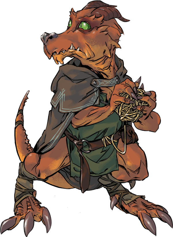 red kobold in a cape holding a ball of twine