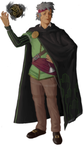 Man with facial difference, grey fluffy hair, red headband, black cloak with green hand shapes, green shirt, a ball of black energy floating above his lifted right hand