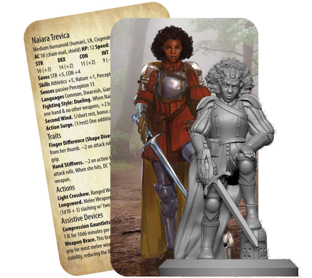 Woman in platemail & brown clothes, hands have ulnar drift deformity and gauntlets with brace, holding sword, left foot on helmet, depicted on NPC cards and gray mini