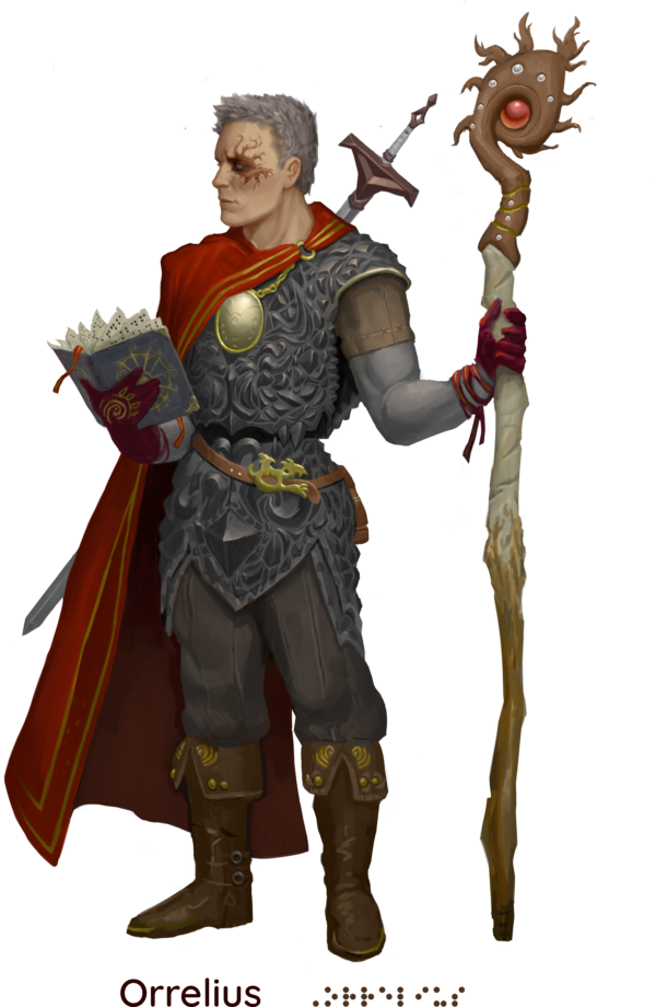 Armored paladin holding a braille book and magic staff, sword on his back, scars on his eye. Orrelius written in braille below him.