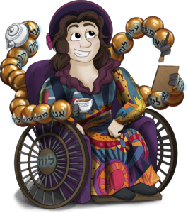 human with long dark brown hair, purple hat, multicolor dress, sitting in a wheelchair with 4 arms made of connected spheres, holding teapot & cup on right and paintbrush & board on left. Hubs and arm spheres have Hebrew inscription on them