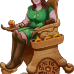 elf with long brown hair, green leaf-motif dress, sitting in wooden wheelchair, 3 potion bottles in side pocket of wheelchair
