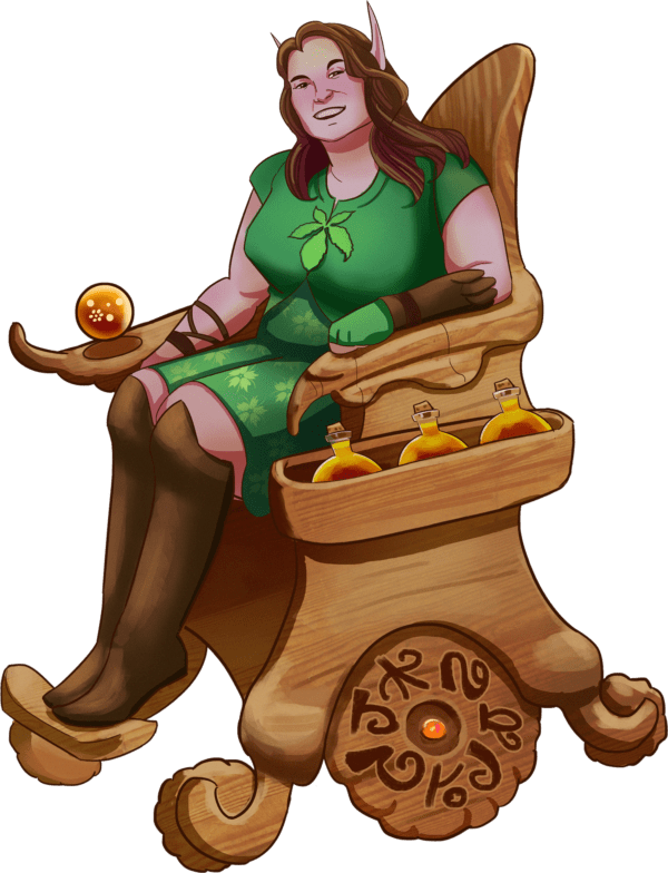 elf with long brown hair, green leaf-motif dress, sitting in wooden wheelchair, 3 potion bottles in side pocket of wheelchair
