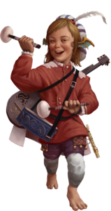 halfling bard with dragon ears, Down syndrome, beating drum with mallets with lute on his back