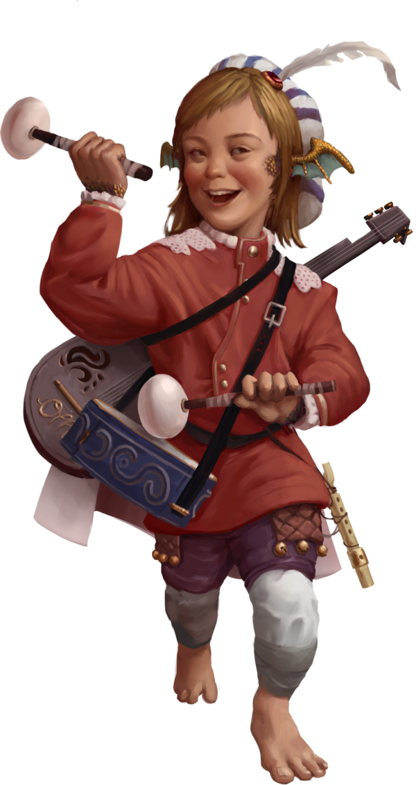 halfling bard with dragon ears, Down syndrome, beating drum with mallets with lute on his back