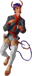 tiefling pulling a hand crossbow with his tail, crossbow mounted on his thigh, hands and arms constricted